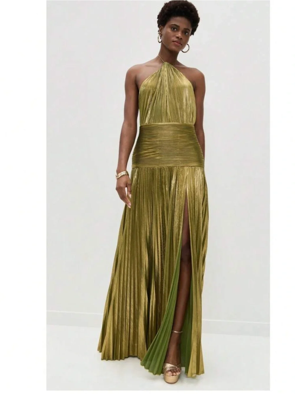 Gold One-Shoulder Pleated Maxi Dress with Halter Neck - Picture 2 of 6